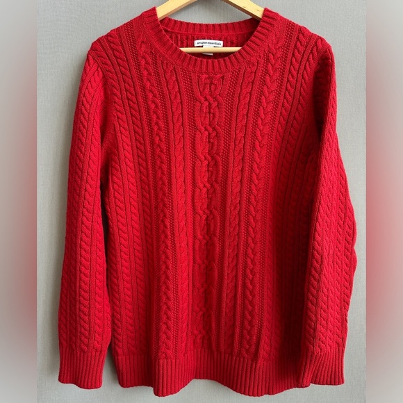100% Cotton Red Cable Knit Crewneck Sweater - Picture 1 of 10